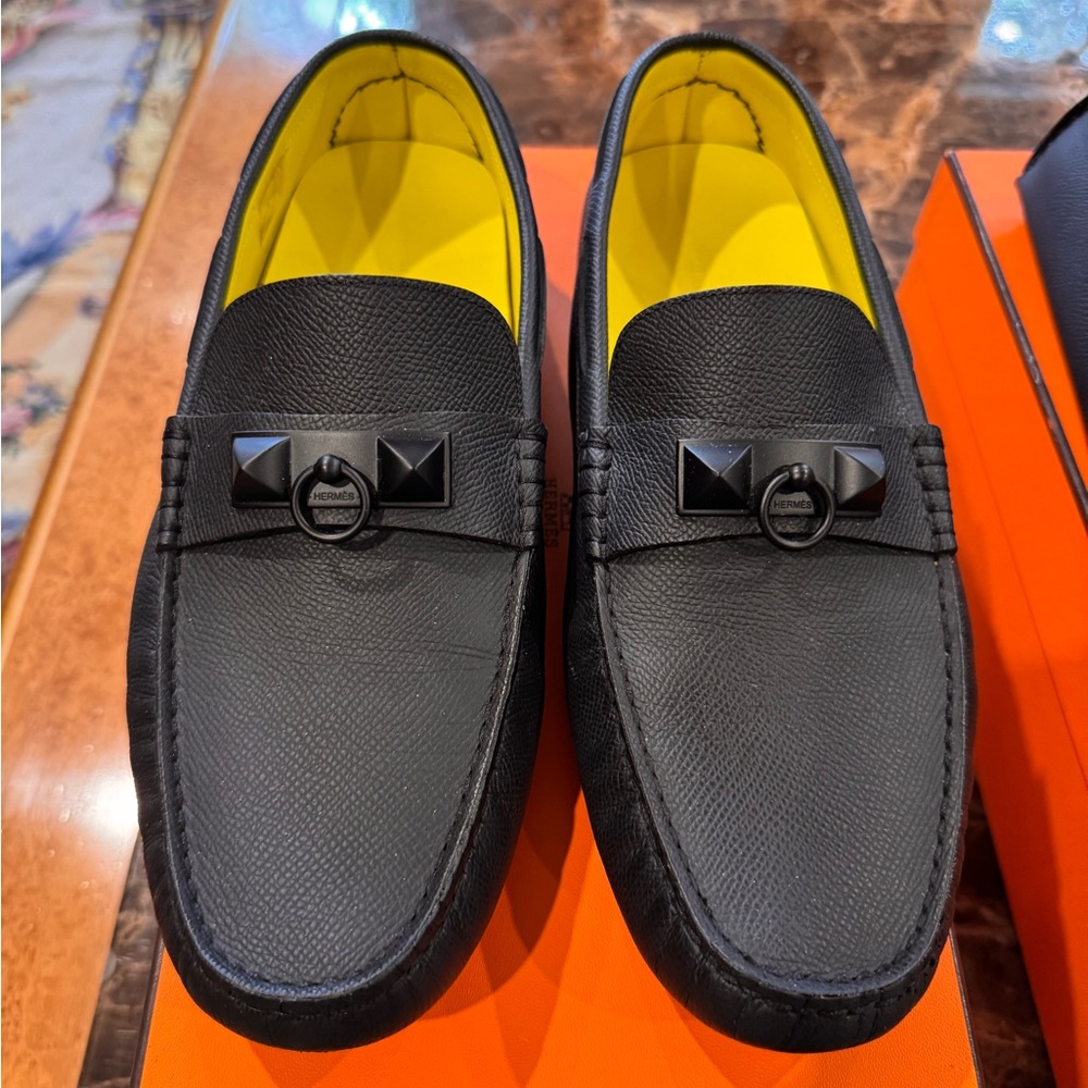 Hermes Black Textured Loafers with Yellow Interior